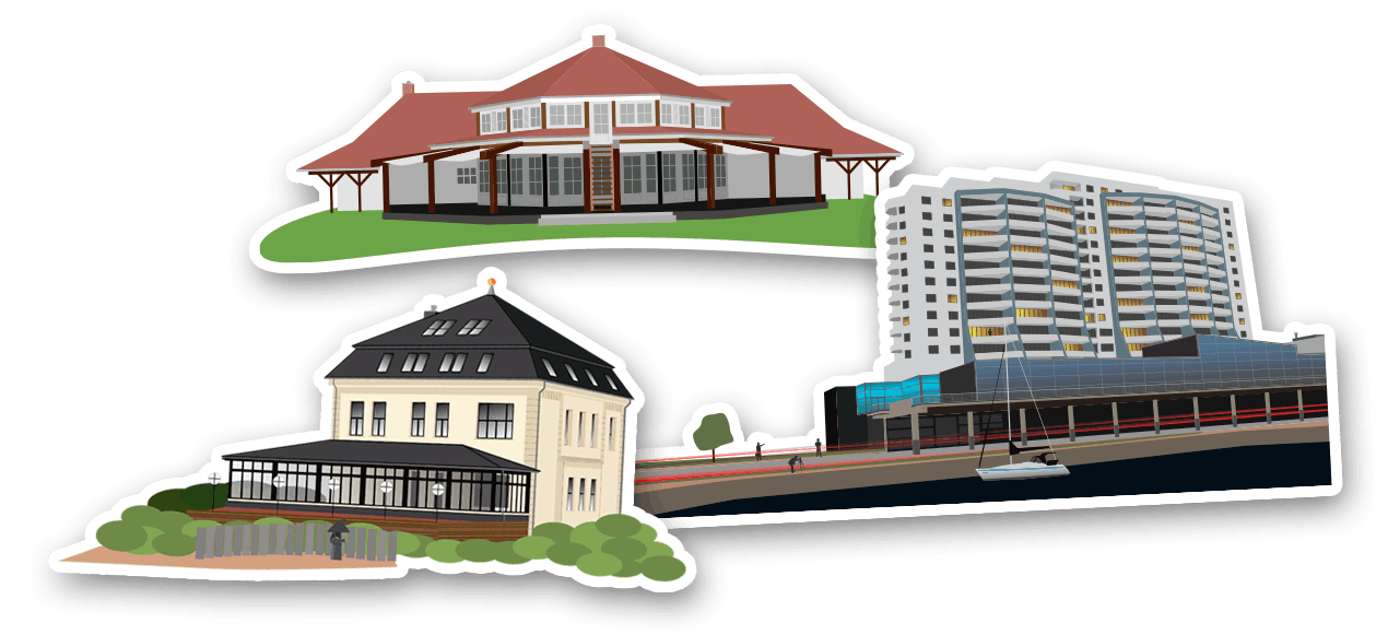 Individuelle Gebäudeillustrationen von Villa, Wohnhaus und Hotel am Wasser