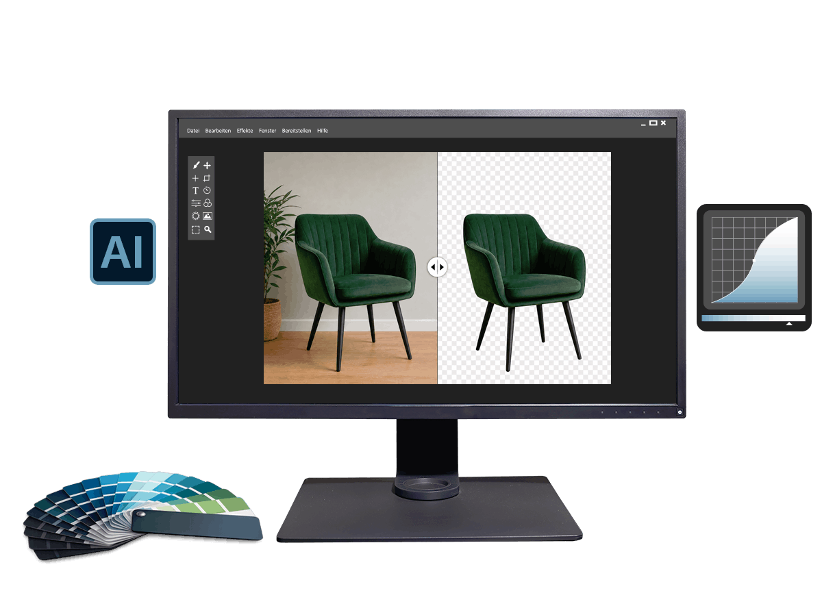 Professionelle Bildbearbeitung mit Monitor und Gestaltungselementen